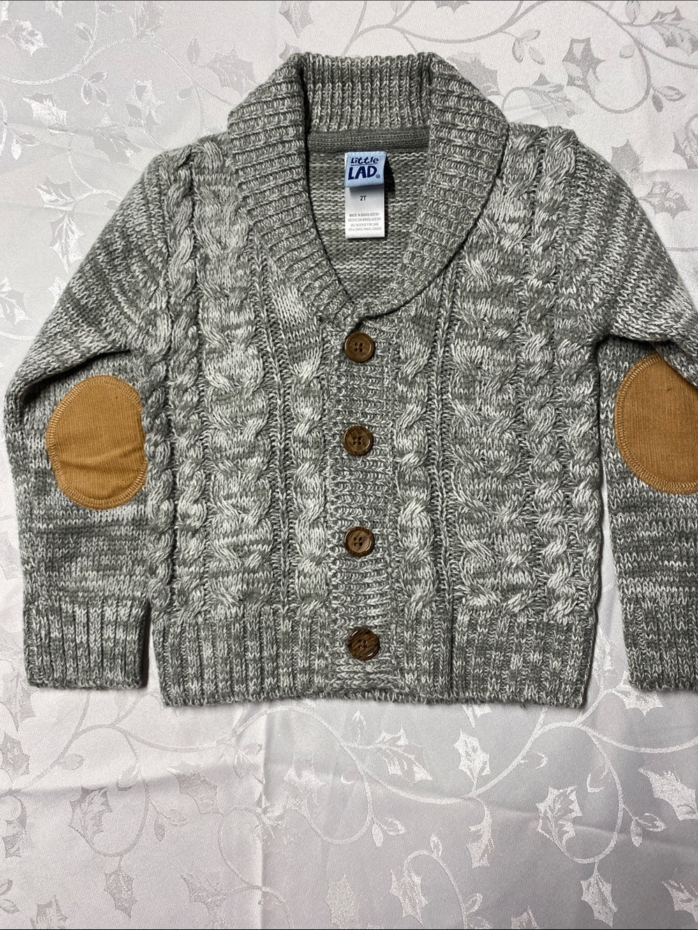 Little Lad Gray Cable Knit Shawl Collar Cardigan with Tan Elbow Patches